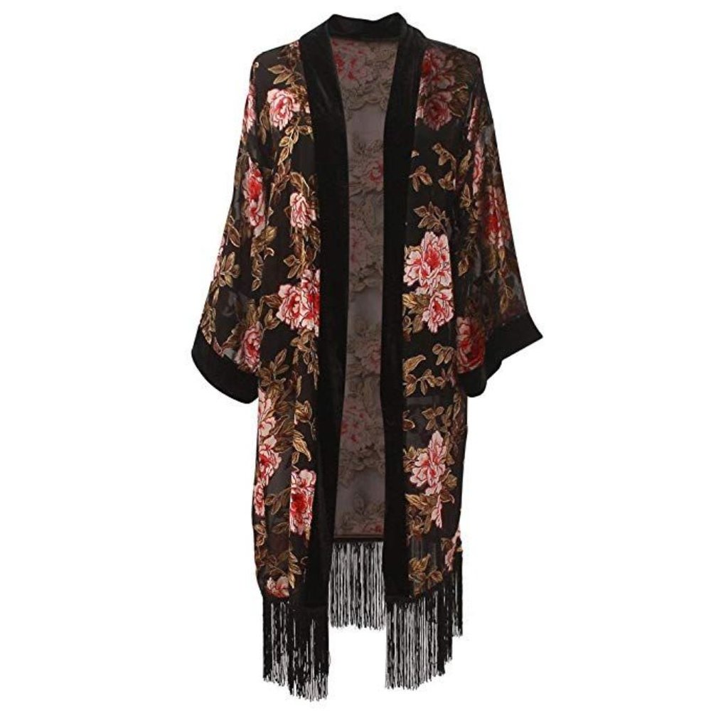 KIMONO Velvet Burnout floral long fringe cardigan